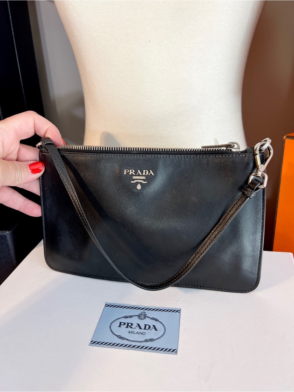 Prada Black & Silver Leather wristlet/pouch beige suede inside. 🌟Offers welcome! - Picture 5 of 14